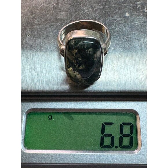 Estate Sterling Silver 925 Moss Agate Ring Size 7 Rectangular Cabochon 6.8g - Picture 8 of 8